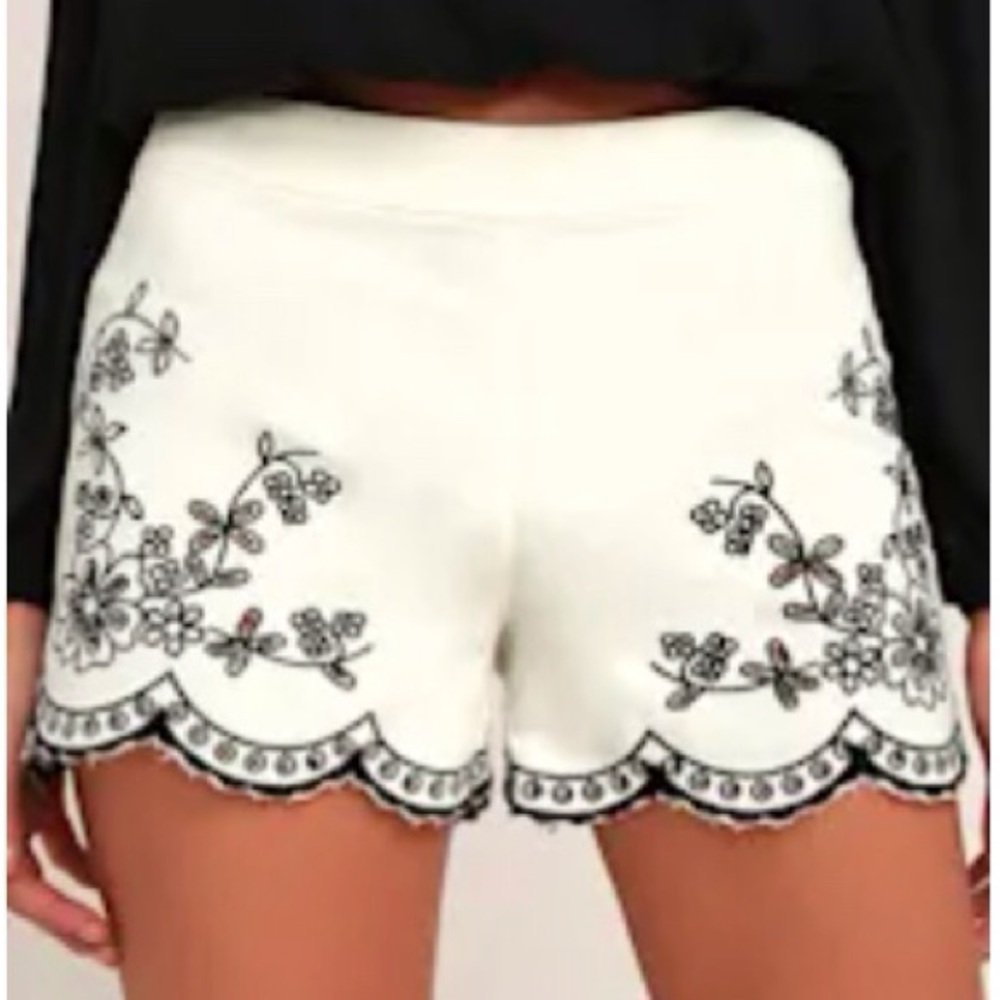 Lulu's White Shorts with Black Floral Embroidery & Scalloped Hem
